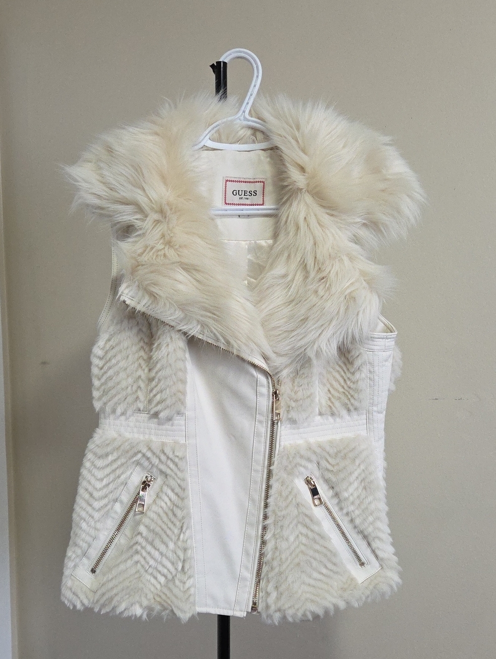 GUESS Women's Cream Faux Fur Vest with Zip